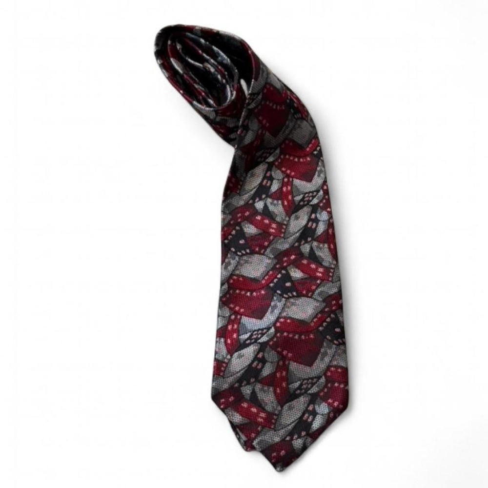 Vintage 80s Damon Red, Gray & Black Abstract Geometric Silk Tie - Picture 2 of 8